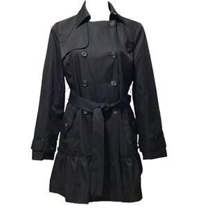 Sandro Studio Black Wrap Coat Double Breast Self Tie Belt Ruffle Hem Large